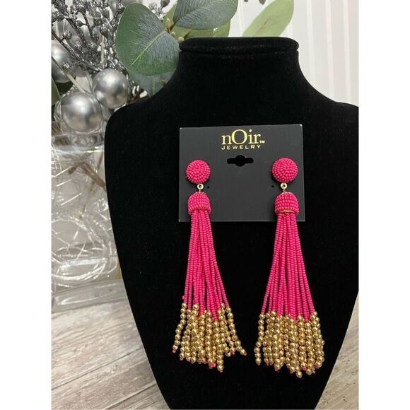 nOir Jewelry Gold Fuschia Pink Beaded Earrings - Picture 1 of 3